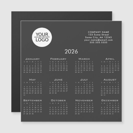 Carte Magnétique Gris Ajouter votre logo 2026 Calendrier Société Ma (Devant / Derrière)
