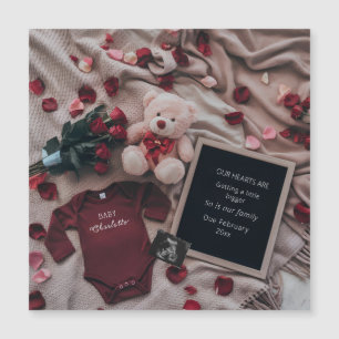 Carte Magnétique Grossesse romantique avec Roses & Teddy