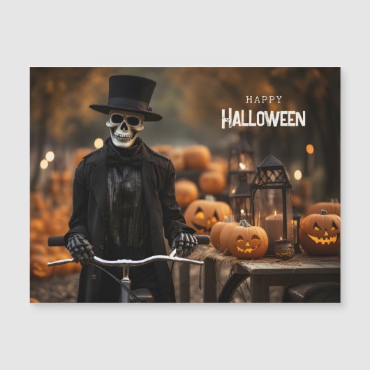 Carte Magnétique Happy Halloween mignon squelette avec un vélo (Devant)
