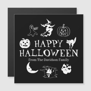 Carte Magnétique Happy Halloween nom personnalisé noir blanc éffray