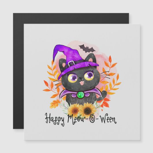 Carte Magnétique Happy Meow-o-ween -Chat Sorcière Noire (Devant / Derrière)