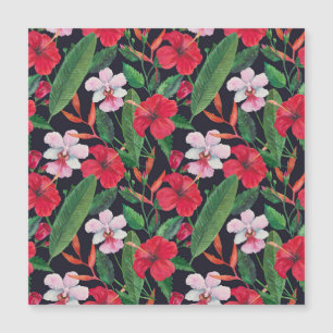 Carte Magnétique hibiscus rouge, orchidées, aquarelle tropicale.