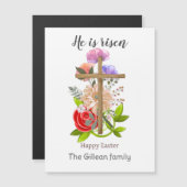 Carte Magnétique Il est ressuscité, bois fleuri Croix de Pâques, Re (Devant / Derrière)
