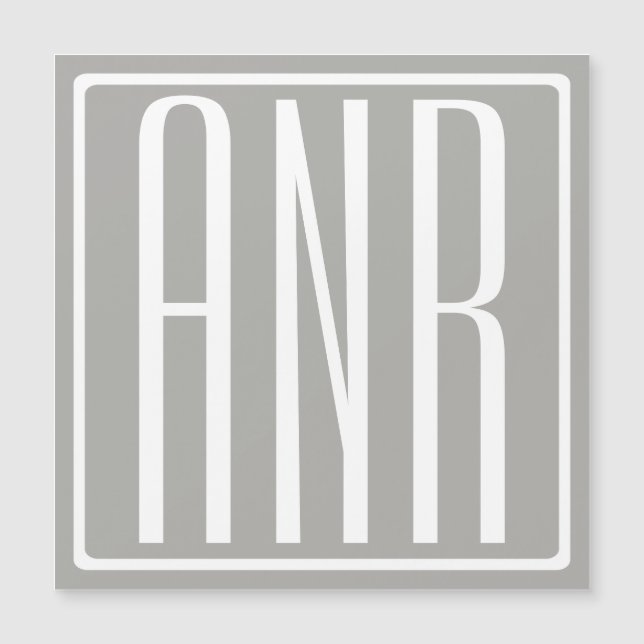 Carte Magnétique Initiales Monogramme | Blanc Sur Gris Clair (Devant)