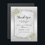Carte Magnétique Jeu floral élégant, Merci Mariage encadré d'argent<br><div class="desc">Magnifique Magnet Card Mariage classe et sophistiquée avec un cadre argenté élégant sur un arrière - plan argenté avec de jolies décorations de fleurs décorées en perle dans les coins, le tout sur un arrière - plan damassé blanc plein de tourbillons et de fleurs. Un invitation chic romantique et élégant...</div>