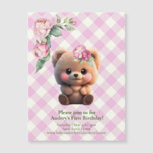 Carte Magnétique Joli ours en peluche rose en vichy Baby shower fle