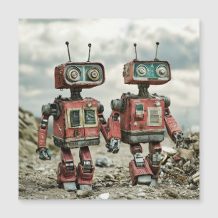 Carte Magnétique Jolis robots rétro amoureux se tenant la main