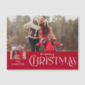 Carte Magnétique Joyeuse typographie de Noël Rouge à deux photos (Devant)