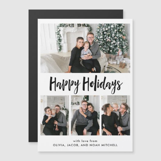 Carte Magnétique Joyeuses fêtes| Grille multiphoto noir et blanc (Devant / Derrière)