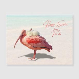 Carte Magnétique Joyeuses Pâques Floride Spatule rosée et Lapin