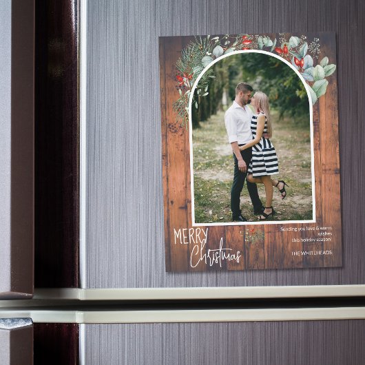 Carte Magnétique Joyeux Arc de Noël de verdure Photo Cherry Wood
