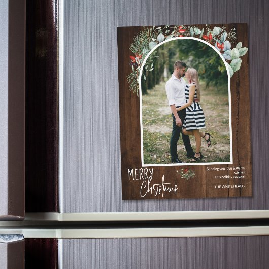 Carte Magnétique Joyeux arc de Noël Photo Bois foncé