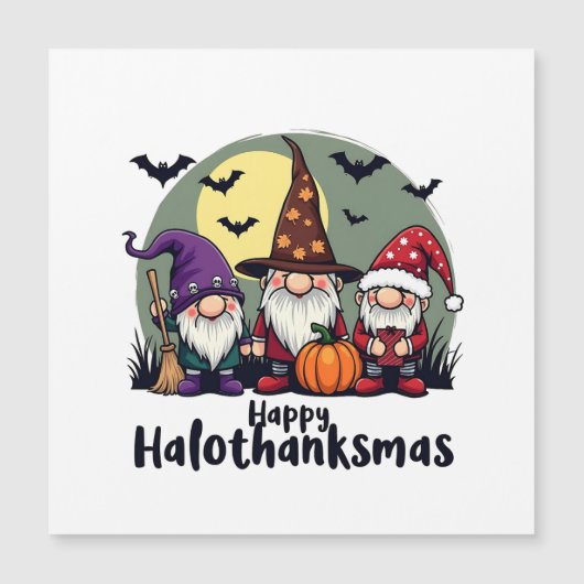 Carte Magnétique Joyeux Hallothanksmas Xmas Halloween Gnomes (Devant)