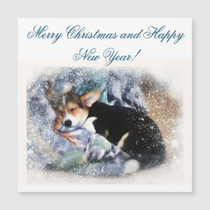 Carte Magnétique Joyeux Noël couché Corgi Chiot