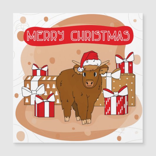 Carte Magnétique Joyeux Noël et vache des hautes terres (Devant)