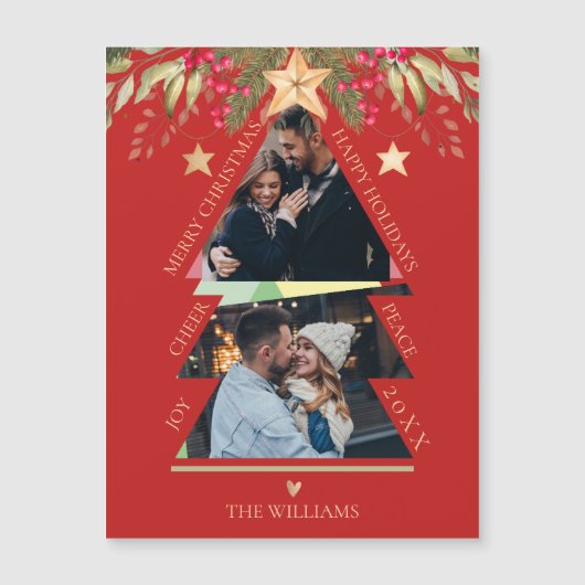 Carte Magnétique Joyeux Noël Multi Photo Tree Red Holiday Card (Devant)