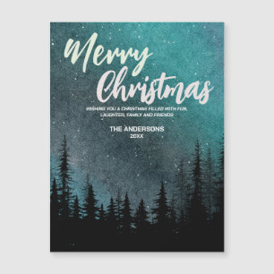 Carte Magnétique Joyeux Noël Nuit sombre ciel forêt de pins Vacance