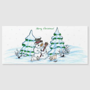 Carte Magnétique Joyeux Noël ! Snowman avec chat et chiot