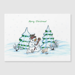 Carte Magnétique Joyeux Noël ! Snowman avec chat et chiot