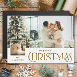 Carte Magnétique Joyeux voeux de Noël avec Photo Insert Gold<br><div class="desc">Amusant Joyeux texte en or de Noël graphique dans une police personnalisée avec champ de texte modifiable,  petit carré photo insérer modèle et grand modèle photo arrière - plan. Tous les éléments sont personnalisables.</div>