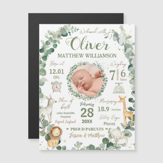 Carte Magnétique Jungle Animaux Bébé Naissance Statistiques Faire-p (Devant / Derrière)