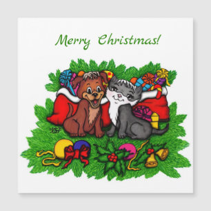Carte Magnétique Kitty et chiot, Happy XMas