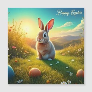 Carte Magnétique Lapin de Pâques et Oeufs colorés dans la magie du 