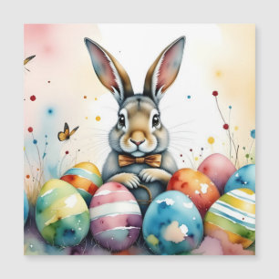 Carte Magnétique Lapin de Pâques mignon avec des œufs peints coloré