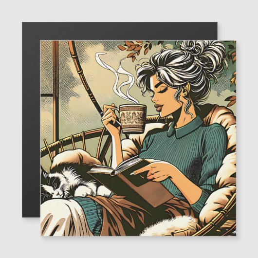 Carte Magnétique Lecture douce Lady avec café et chat (Devant / Derrière)