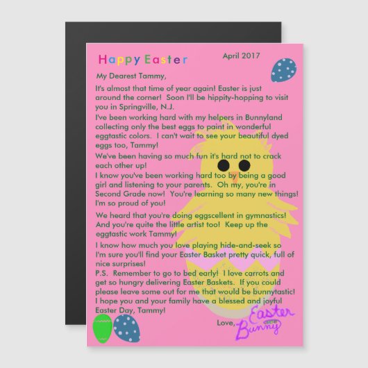 Carte Magnétique Lettre de Bunny Pâques Pink Yellow Chick Egg (Devant / Derrière)