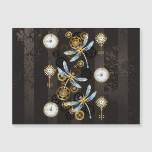 Carte Magnétique Libellules Steampunk sur fond brun rayé