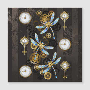 Carte Magnétique Libellules Steampunk sur fond rayé marron
