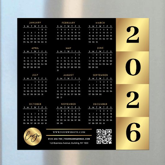 Carte Magnétique Logo professionnel 2026 Calendrier Code QR Noir &
