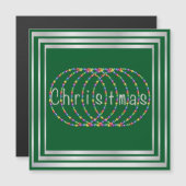 Carte Magnétique Lumières de Noël Design vert avec argent (Devant / Derrière)