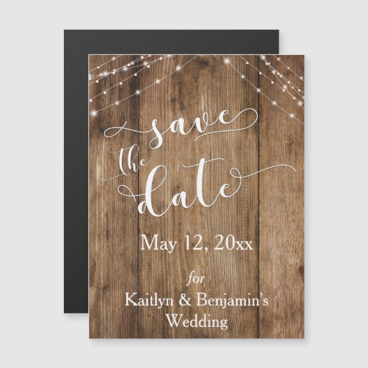 Carte Magnétique Lumières en bois rustique Enregistrer la date Cart (Devant / Derrière)