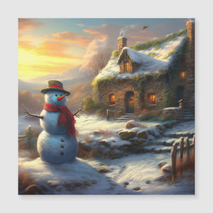 Carte Magnétique Maison de Noël cosy et bonhomme de neige Hiver v