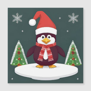 Carte Magnétique Manchot rouge festif avec un chapeau de Père Noël