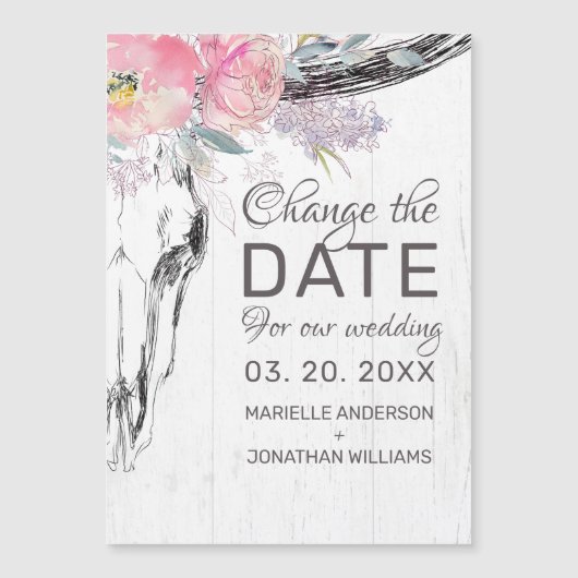 Carte Magnétique Mariage Changer la date Rustic Cow Skull Floral (Devant)
