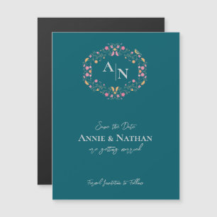 Carte Magnétique Mariage de cadre floral complexe vert Monogramme