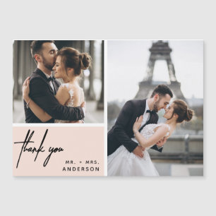 Carte Magnétique Mariage  de collage photo moderne en Merci rose pâ