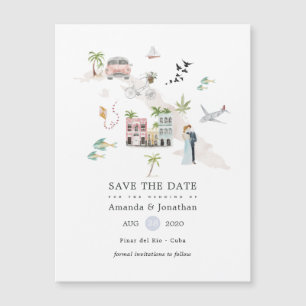 Carte Magnétique Mariage de destination à Cuba à l'aquarelle
