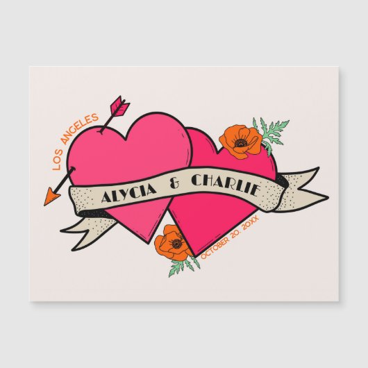 Carte Magnétique Mariage d'invitation magnétique Hot rose Hearts (Devant)