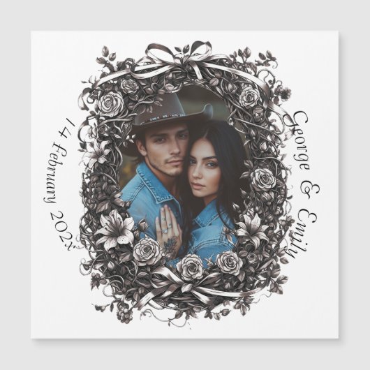 Carte Magnétique Mariage floral rustique, sépia. (Devant)