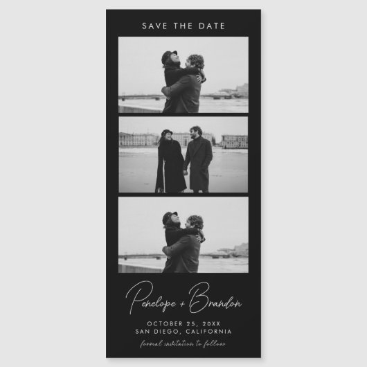 Carte Magnétique Mariage magnétique Black Modern Script Photo Strip (Devant)