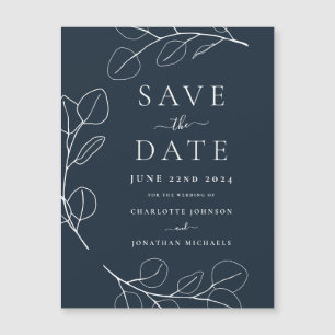 Carte Magnétique Mariage Moderne Simple avec Feuillage Bleu Marine