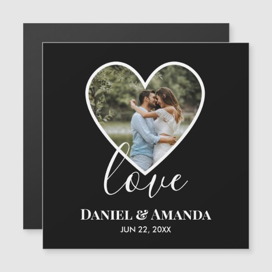 Carte Magnétique Mariage Photo Black Heart Frame Moderne Calligraph (Devant / Derrière)