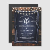 Carte Magnétique Mariage rustique Enregistrer Date Bois Denim Photo (Devant / Derrière)