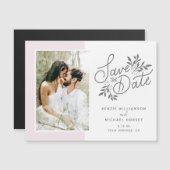 Carte Magnétique Mariage Sauvez la date Script photo Botanique Rose (Devant / Derrière)