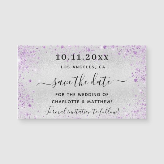 Carte Magnétique Mariage violet argenté enregistrer l'aimant de dat (Devant)
