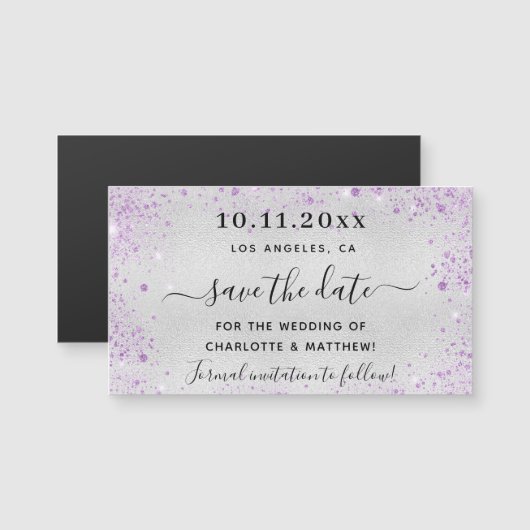 Carte Magnétique Mariage violet argenté enregistrer l'aimant de dat (Devant / Derrière)